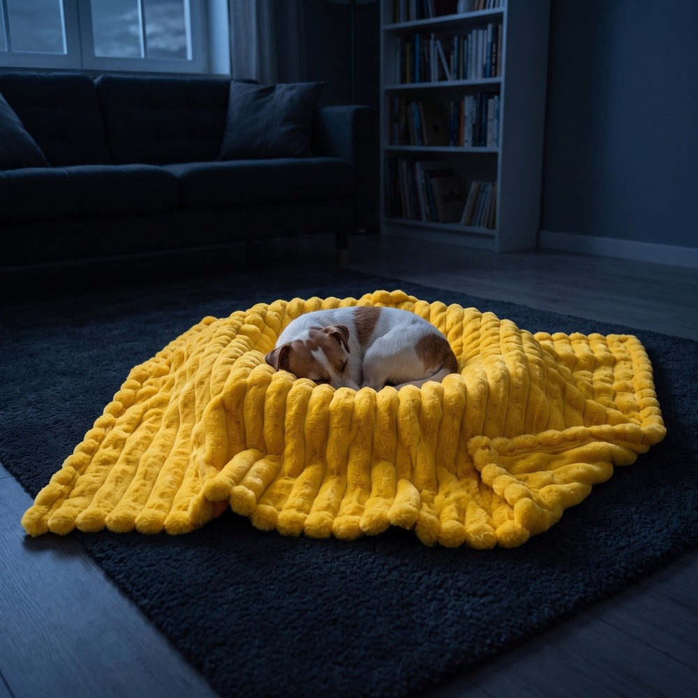The yellow VOFFA blanket stands out on a dark floor at night