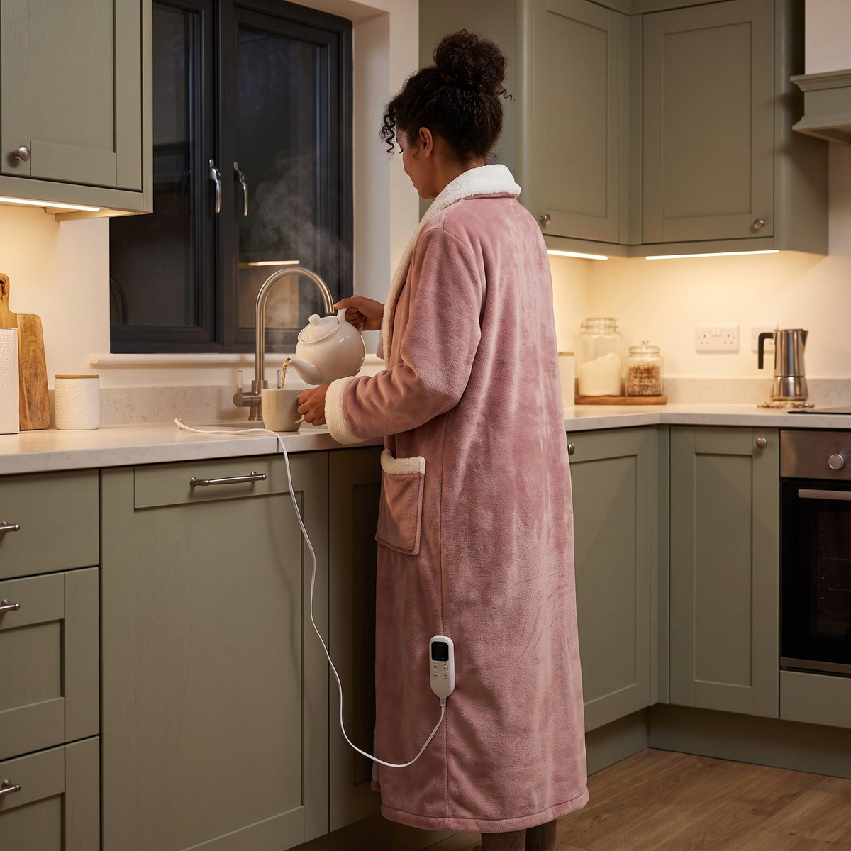 Making tea in the evening, still wearing VARMA
