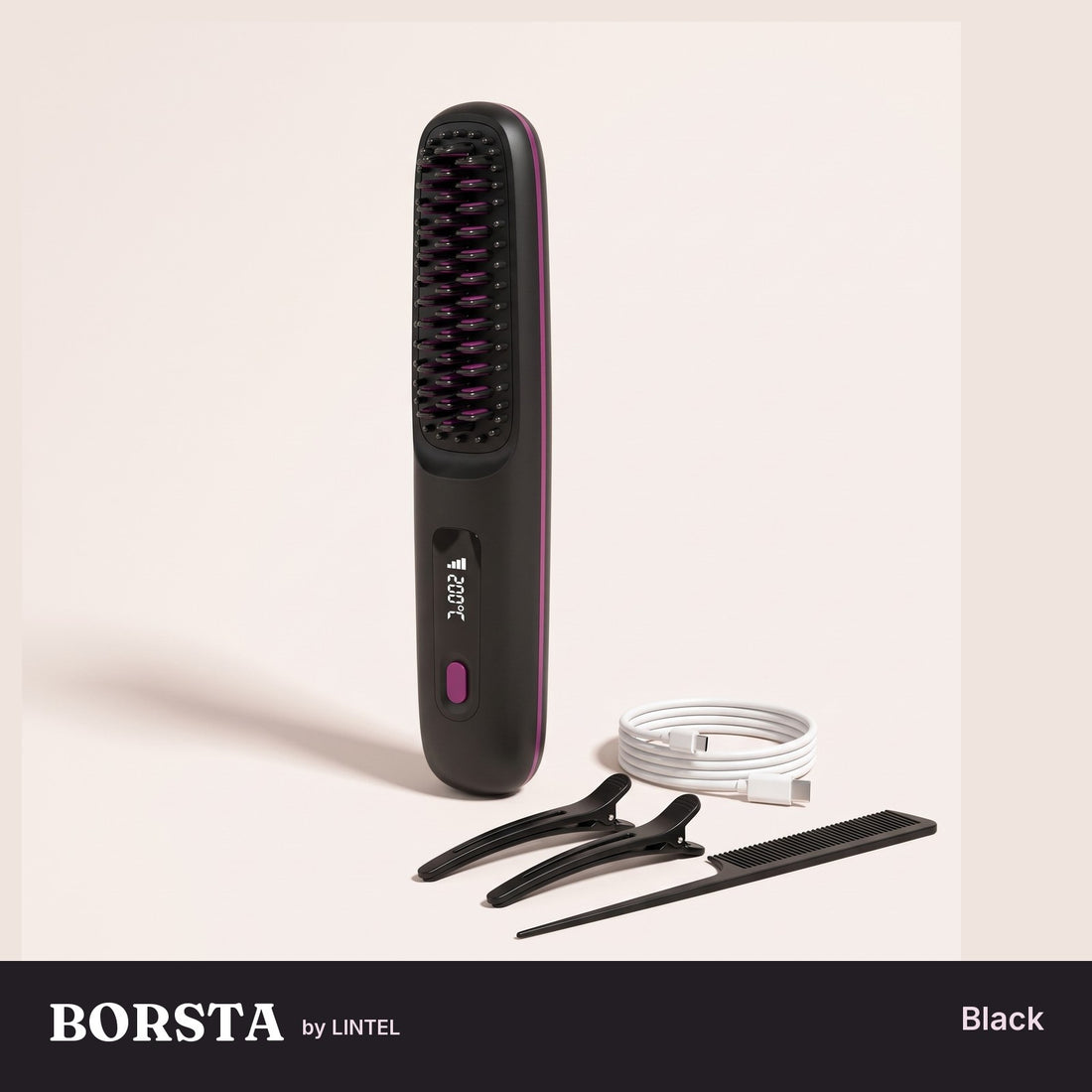 Black — BORSTA cordless smoothing brush with clips, comb and USB-C cable