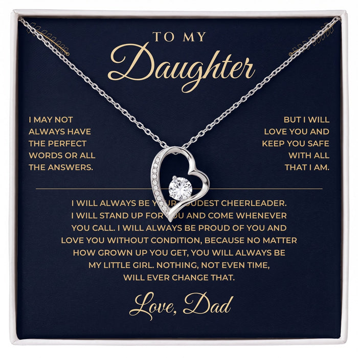 White Gold — The To My Daughter card from Dad with the white gold heart necklace in its gift box