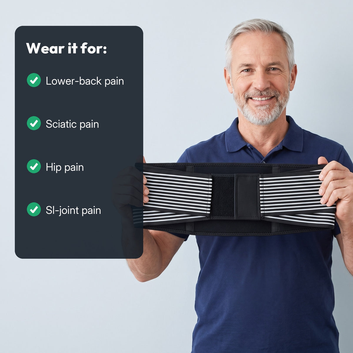 A man holding the LENDA belt: worn for lower-back pain, sciatic pain, hip pain and SI-joint pain