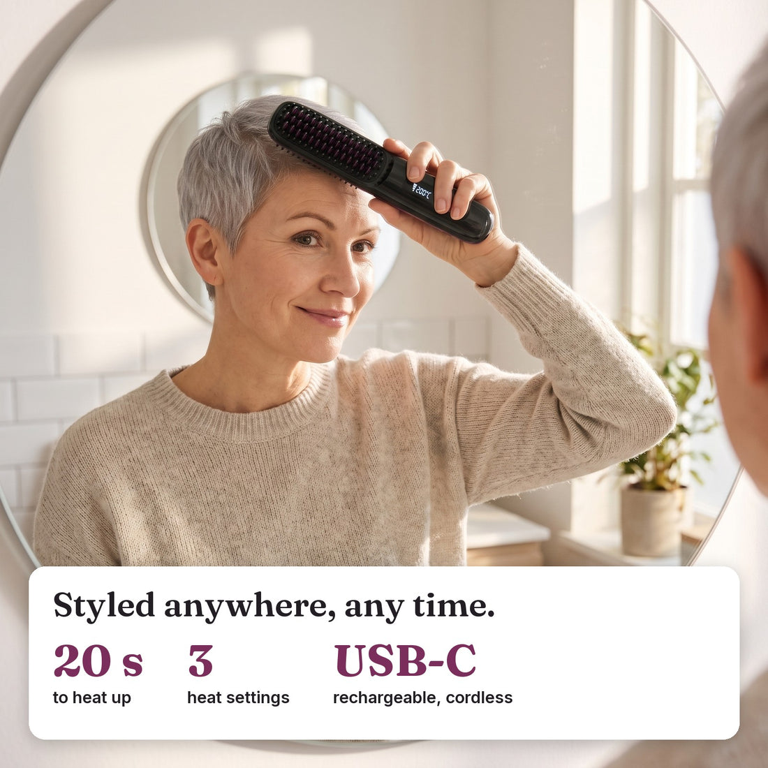 Styled anywhere, any time — heats up in about 20 seconds, 3 heat settings, cordless