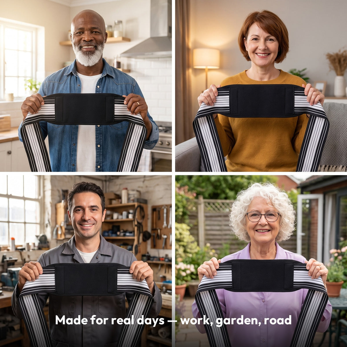 Four people holding the LENDA belt at home, in a workshop and in the garden