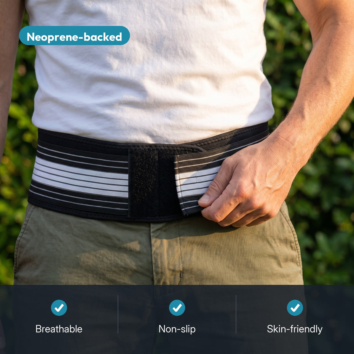 Close-up of the neoprene-backed LENDA belt worn low on the hips — breathable, non-slip, skin-friendly