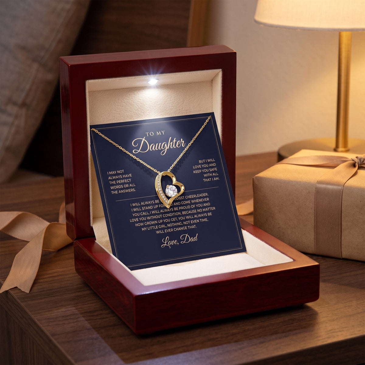 Yellow gold necklace in the luxury mahogany box with LED light