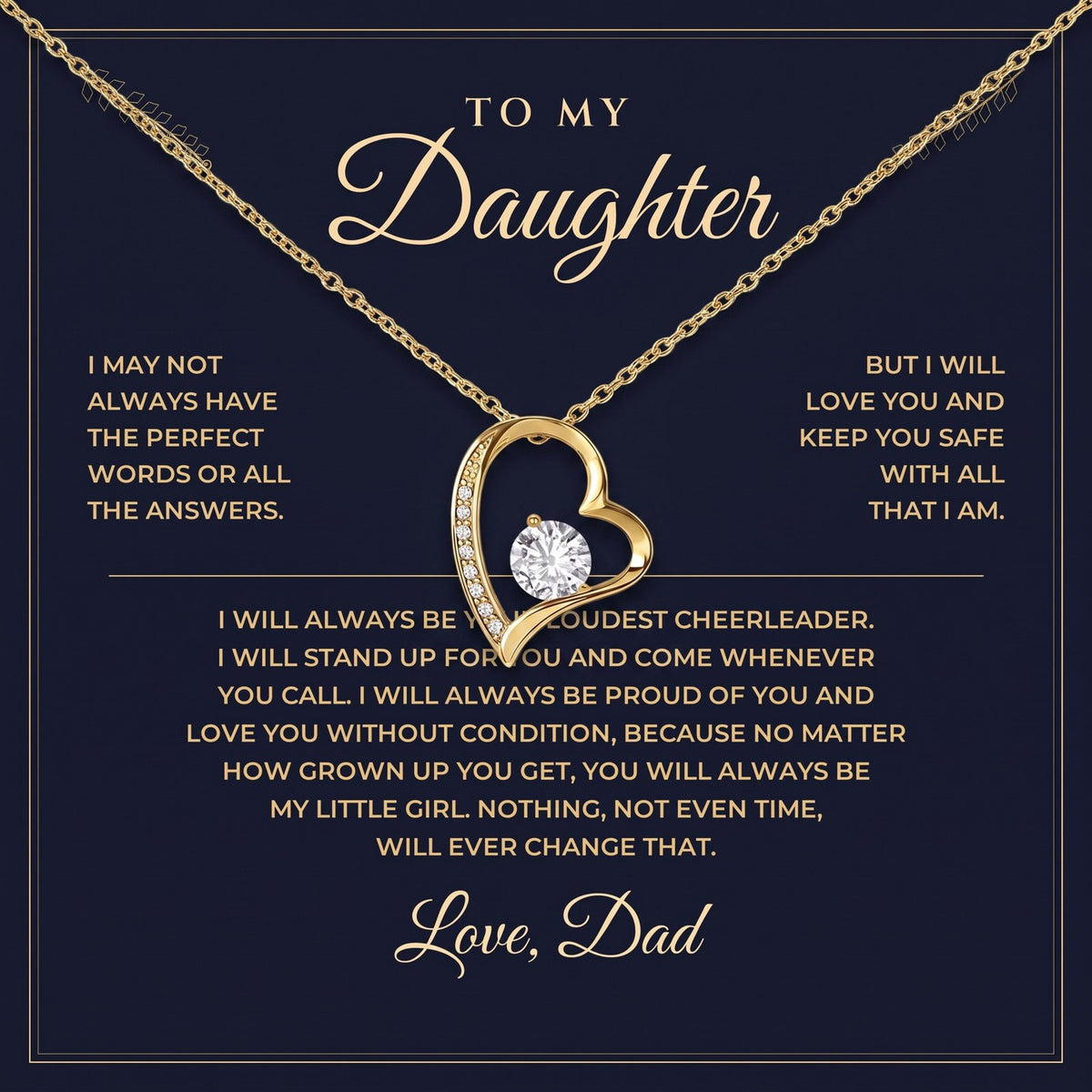 The To My Daughter card from Dad with the yellow gold heart necklace