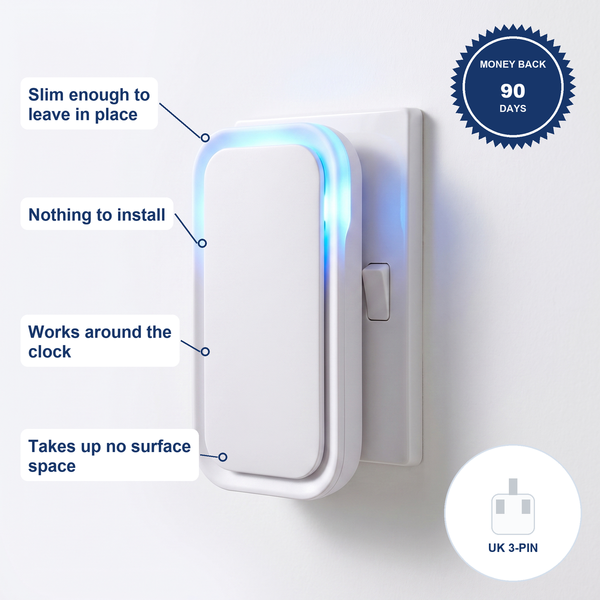 OAKWREN Air Ioniser in a UK socket, shown to scale, with its UK 3-pin plug