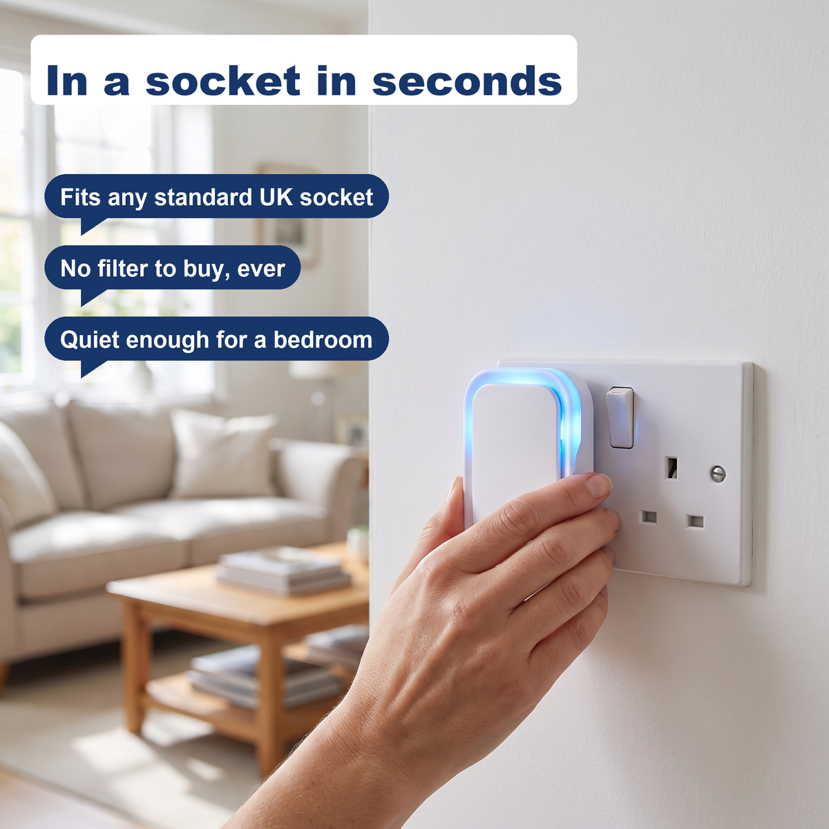 A hand fitting the OAKWREN Air Ioniser into a wall socket in a living room