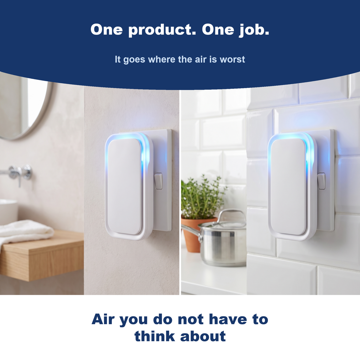 The OAKWREN Air Ioniser plugged in, in a bathroom and in a kitchen