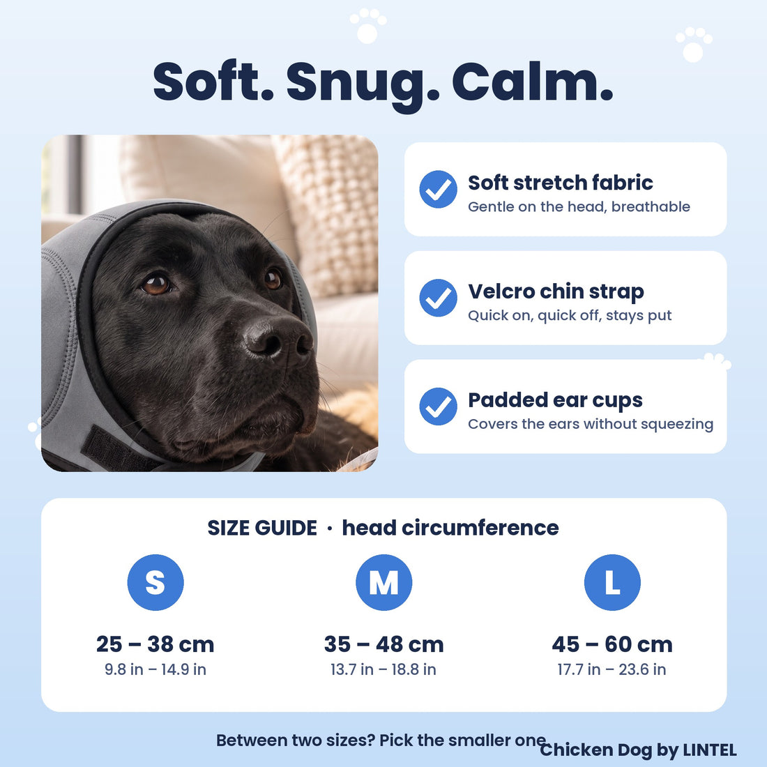 Chicken Dog features and size guide S, M, L