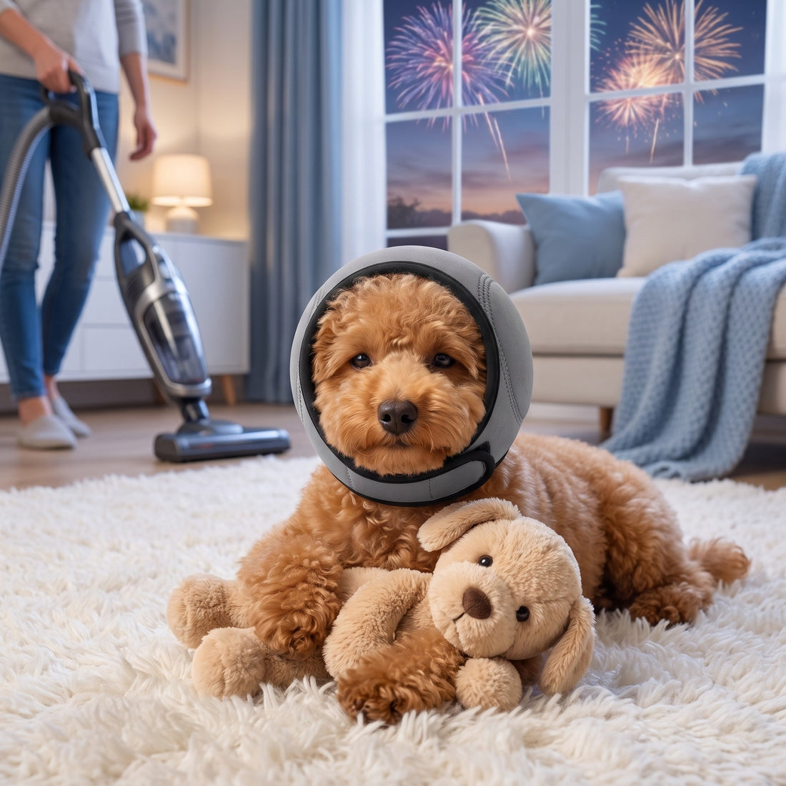 Puppy relaxing in Chicken Dog ear muffs while the vacuum runs