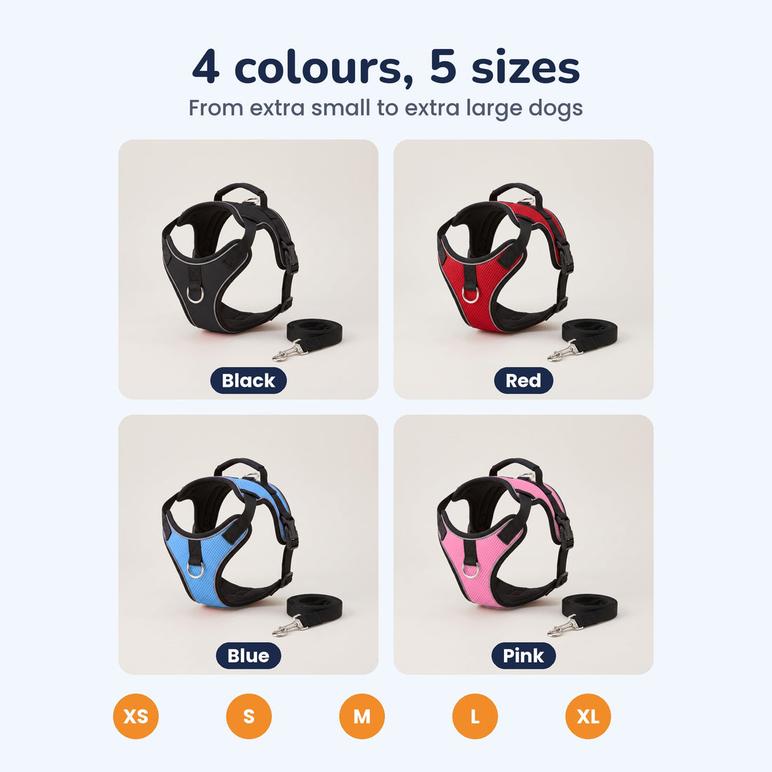 Chicken Dog No-Pull Harness in black, red, blue and pink, sizes XS, S, M, L, XL