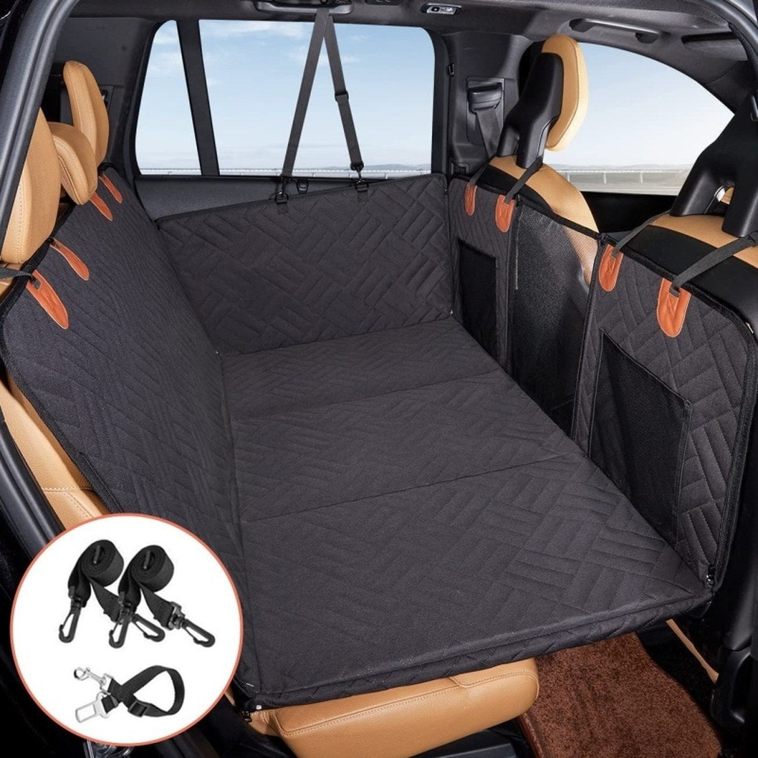 Black — The rigid floor turns the whole back seat into one level platform, straps included