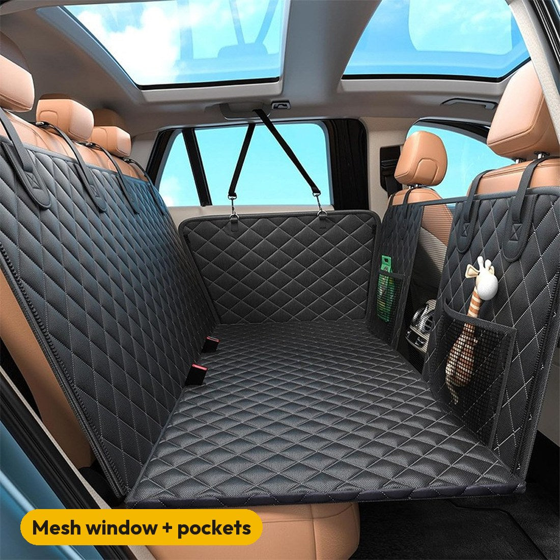 Black — Mesh window to the front seats, zip-down sides and storage pockets
