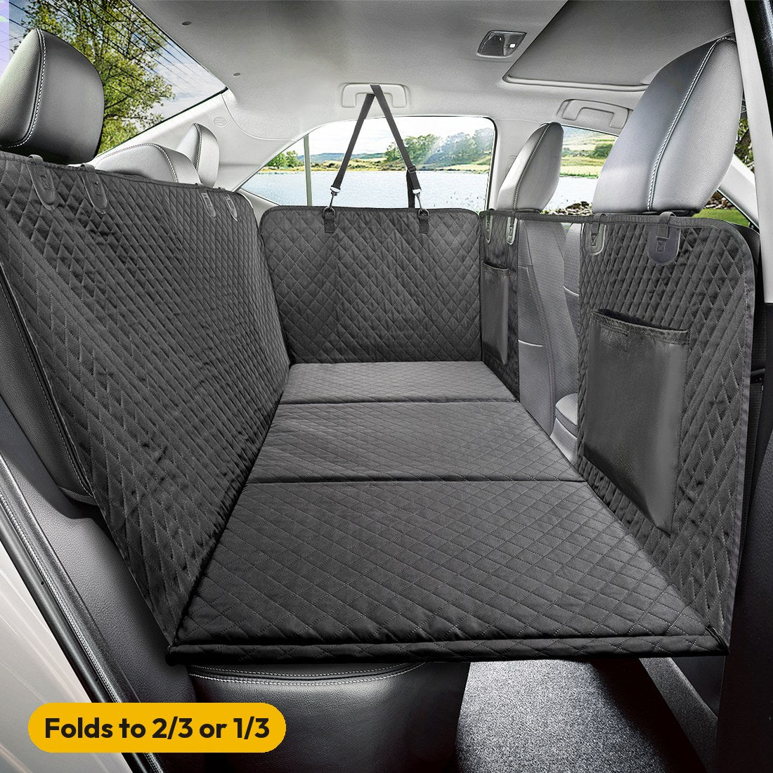 Black — One section of the hard floor folded up to free a seat