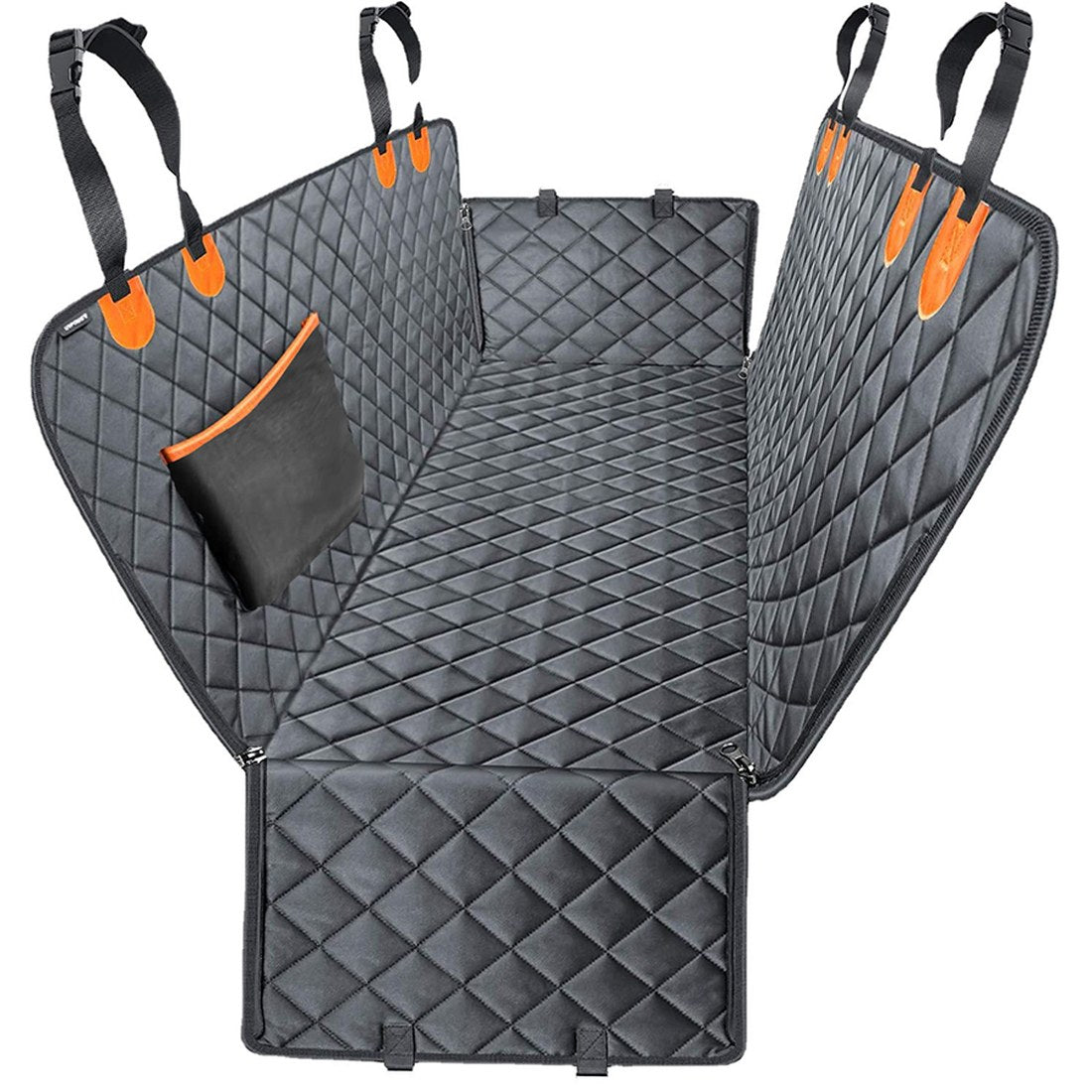 Black — The whole cover laid out: headrest straps, side flaps, pocket and door guards