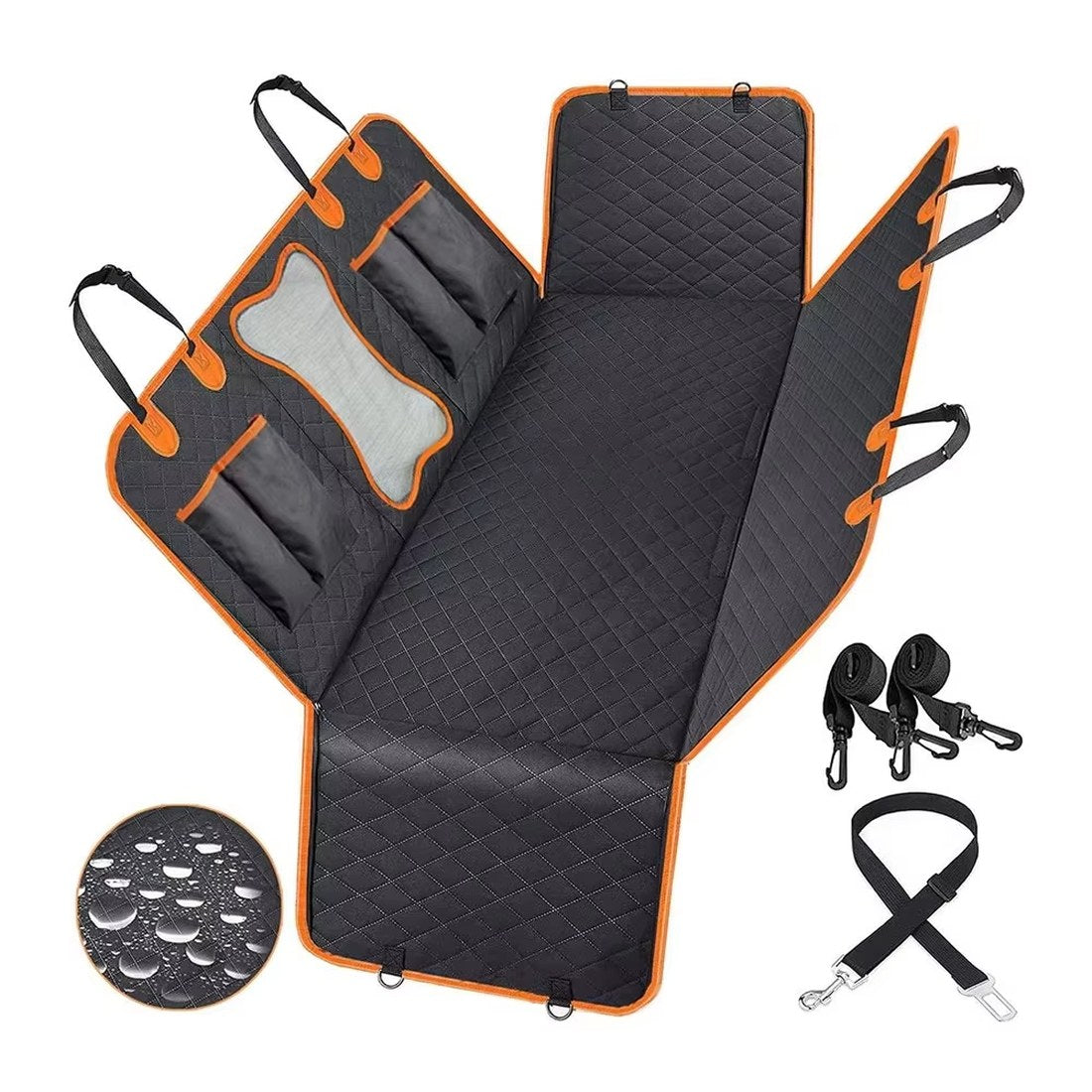 Black — Waterproof, scratch-resistant quilted fabric with seat-belt tether