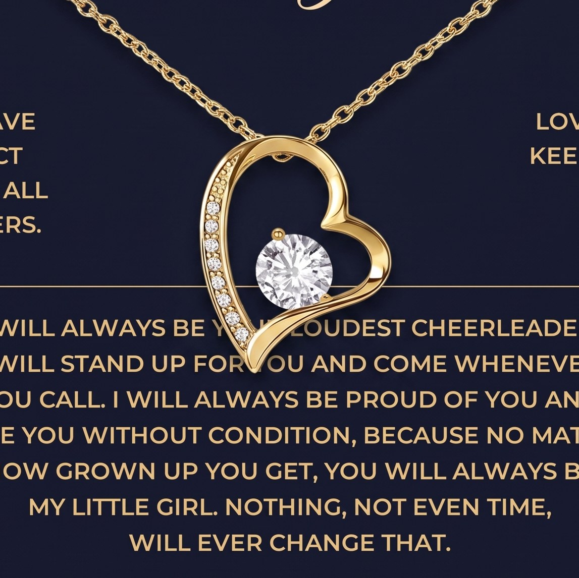 The yellow gold heart necklace on its card from Dad