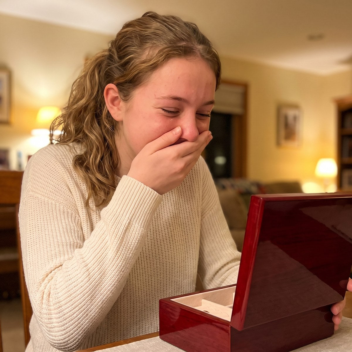 Happy tears as she opens her necklace