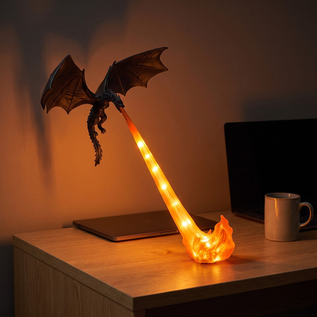 Orange Flame glowing on a desk at night