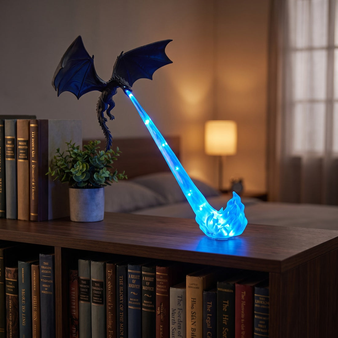 Blue Flame lighting up a bookshelf