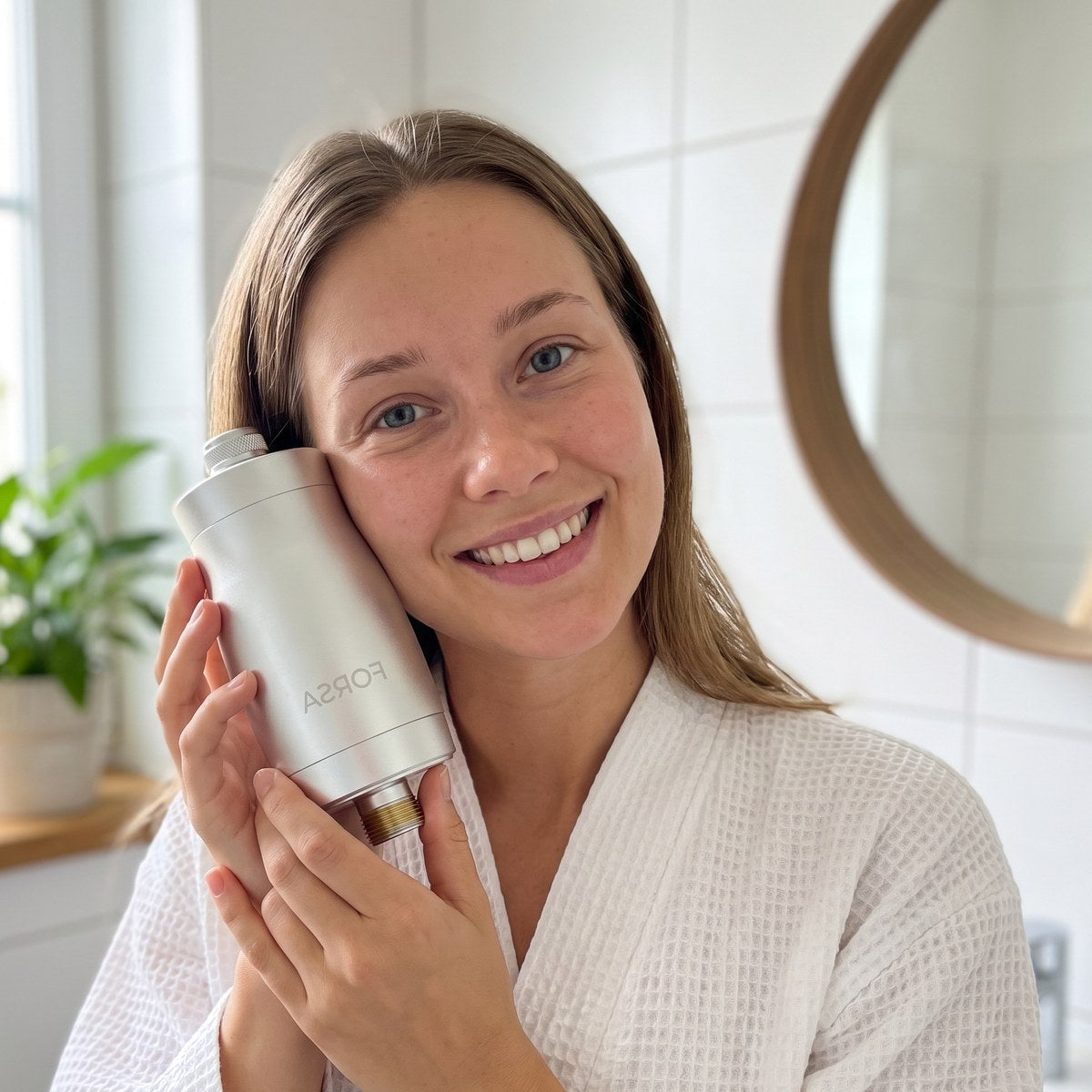 Woman holding the FORSA shower filter in her bathroom