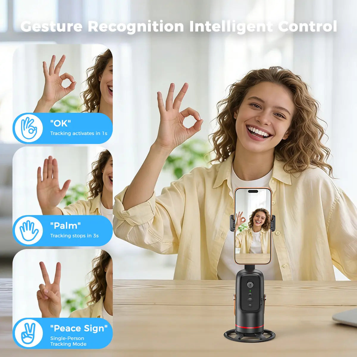 Gesture control: OK to start tracking, open palm to stop, peace sign for single-person mode