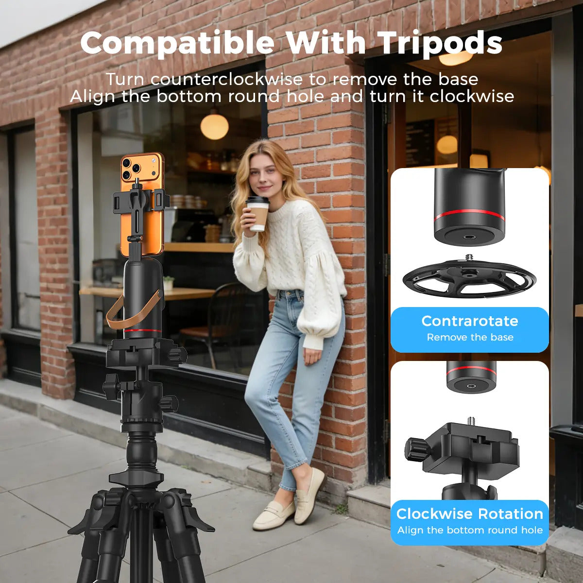 The round base twists off so VIRA screws onto any tripod with a standard 1/4 inch thread