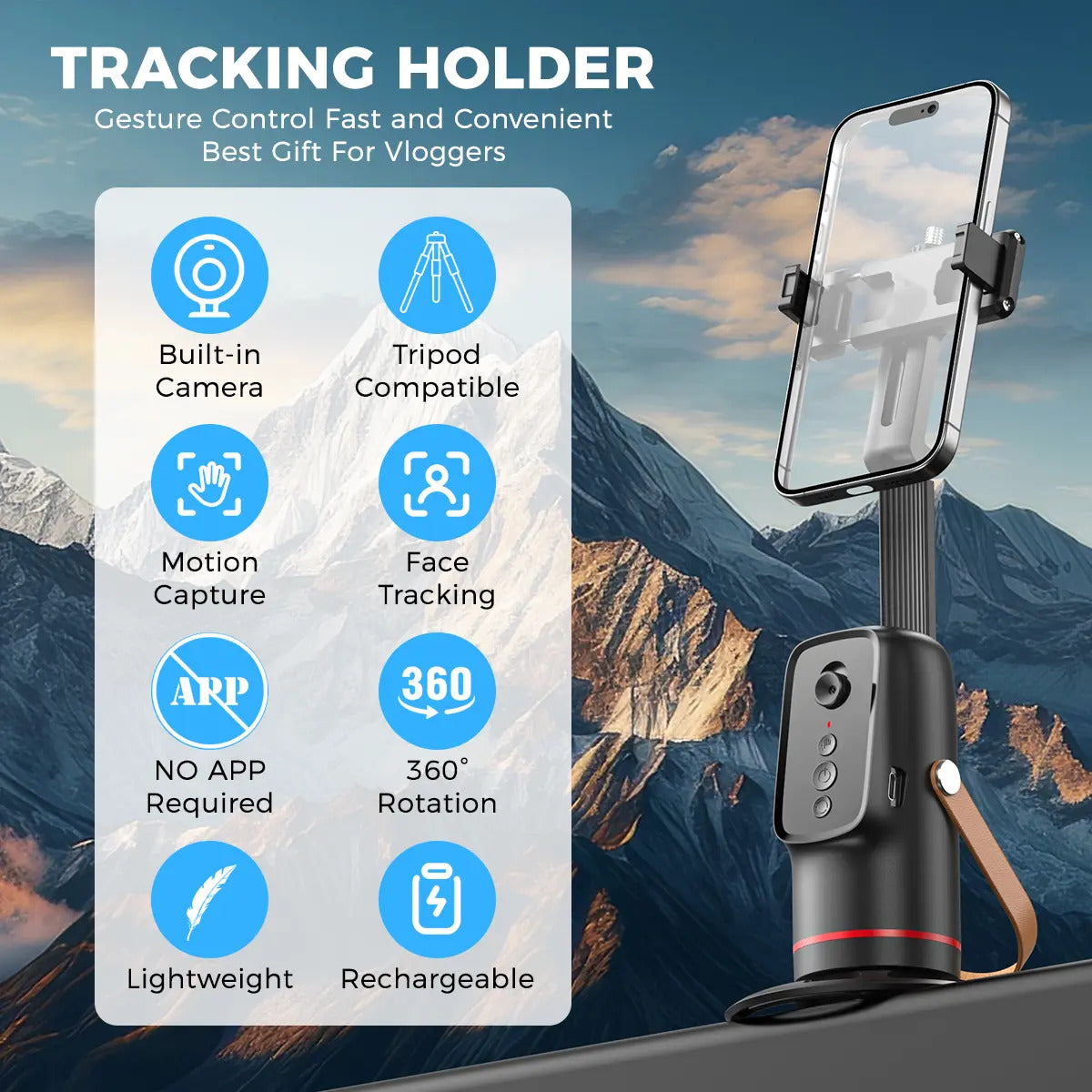 Built-in camera, tripod compatible, motion capture, face tracking, no app required, 360 rotation, lightweight, rechargeable