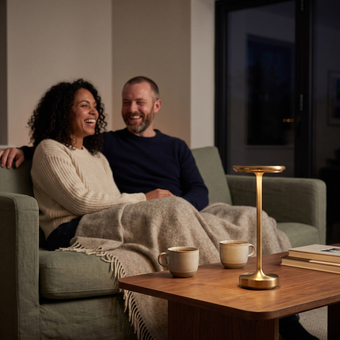 GLIMMA gold lamp on a coffee table on a cosy evening