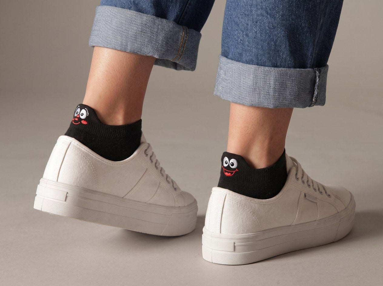 Black TASSA socks with the heel tab showing above white sneakers