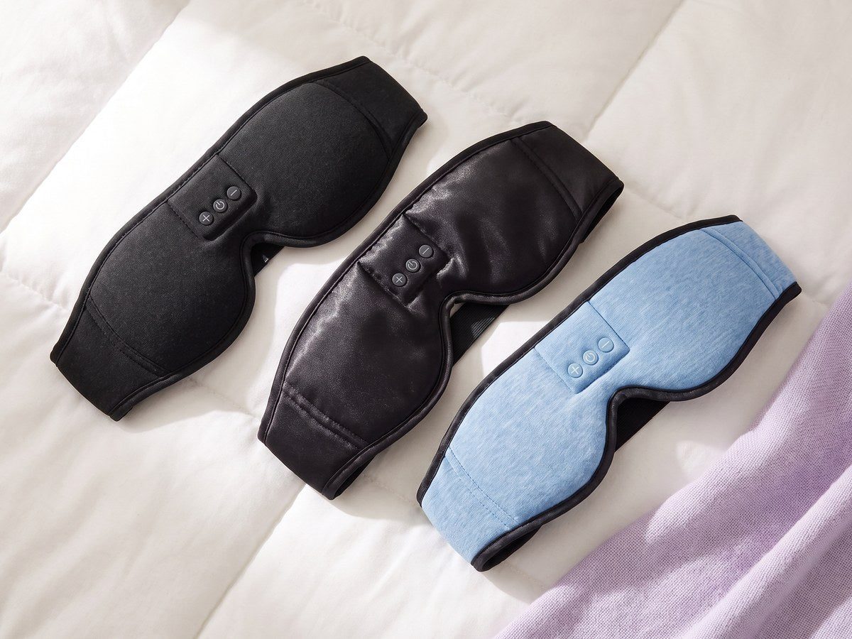 Three Hushband sleep masks in black knit, black satin and sky blue knit