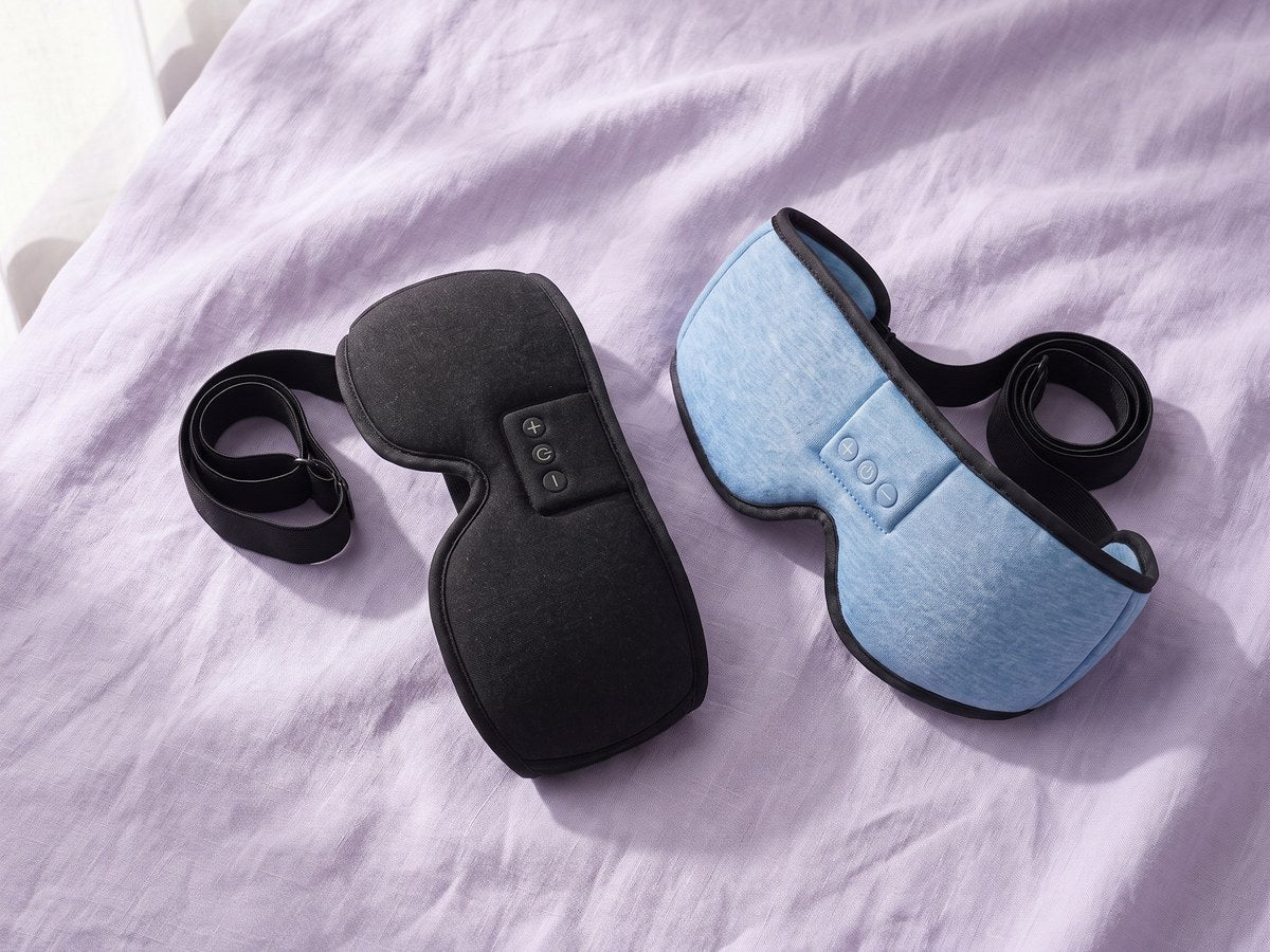 Two Hushband sleep masks, black knit and sky blue knit