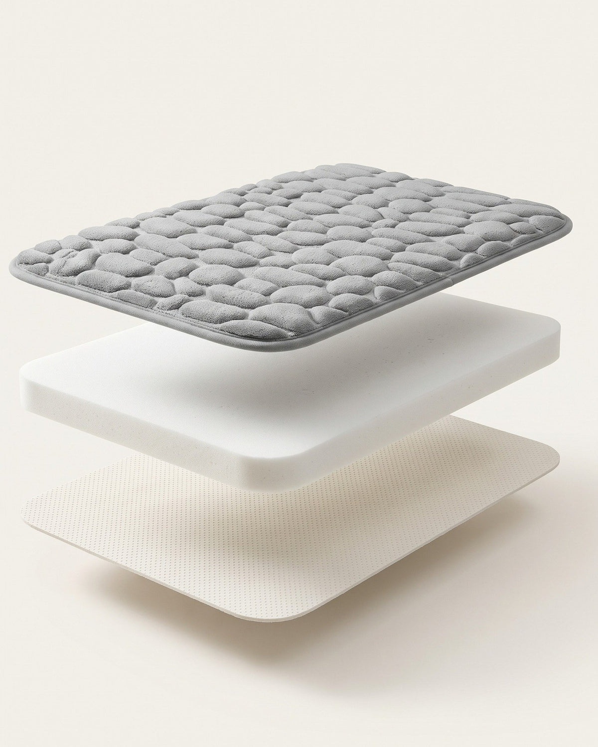 Three layers: velvet pebble top, memory foam, non-slip base