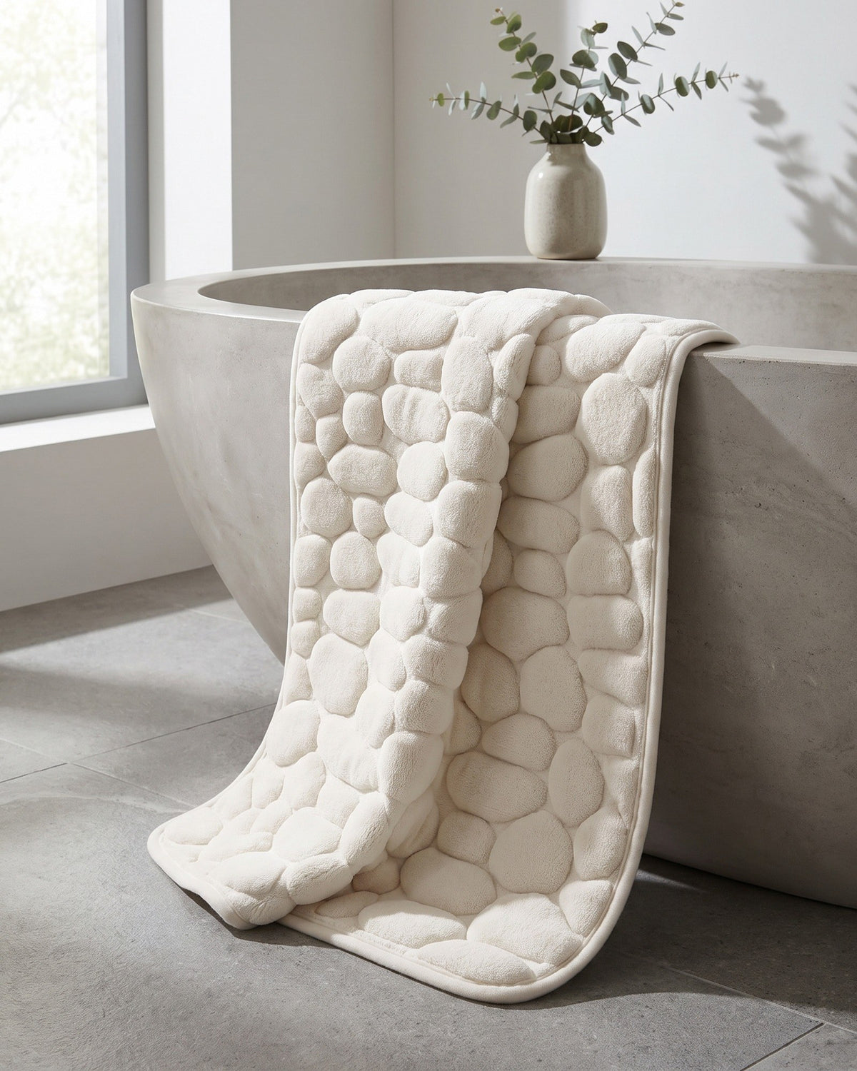 The Pebble Bath Mat draped over the edge of a stone bathtub
