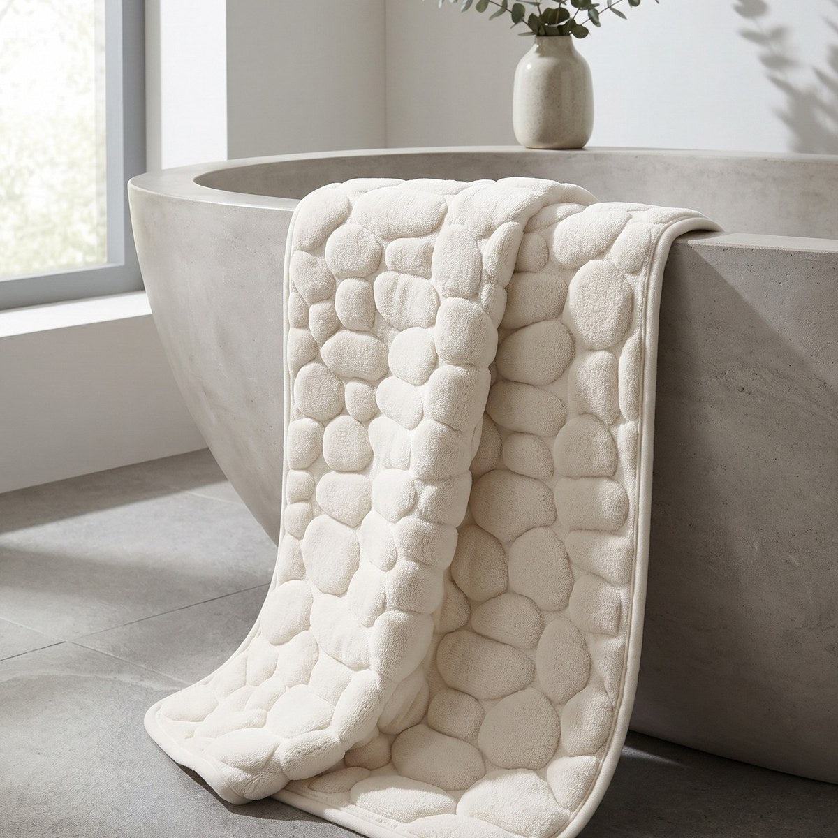 A hand pressing into the memory-foam pebbles
