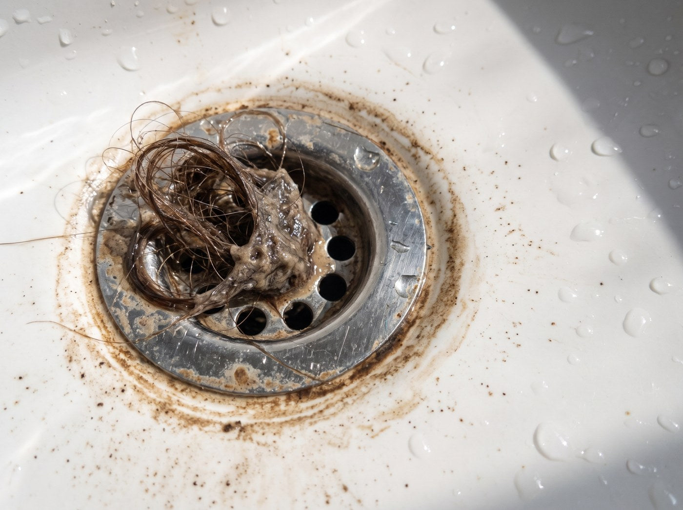 An ordinary drain clogged with hair