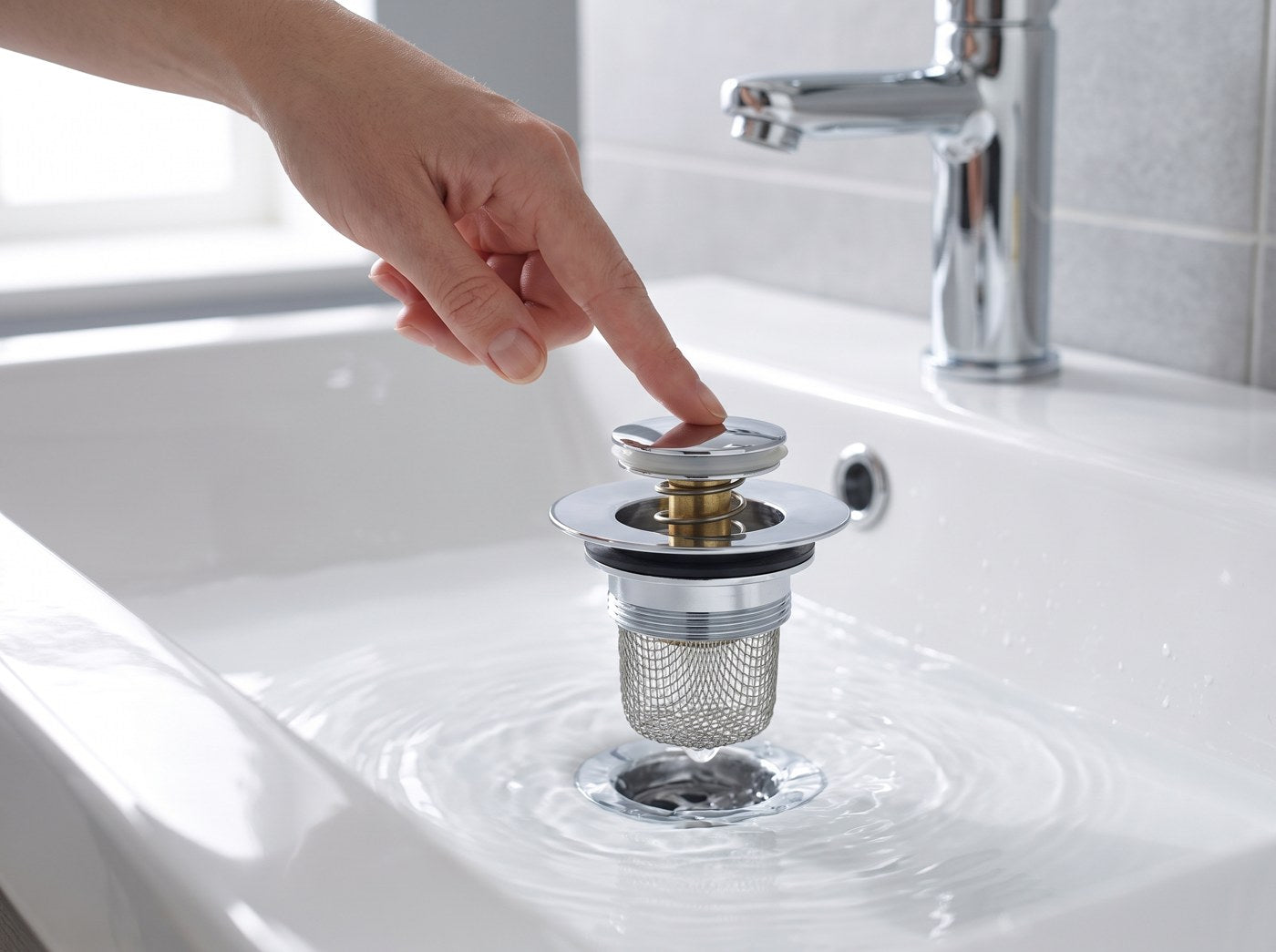 Pressing the KLARA pop-up top in a white basin
