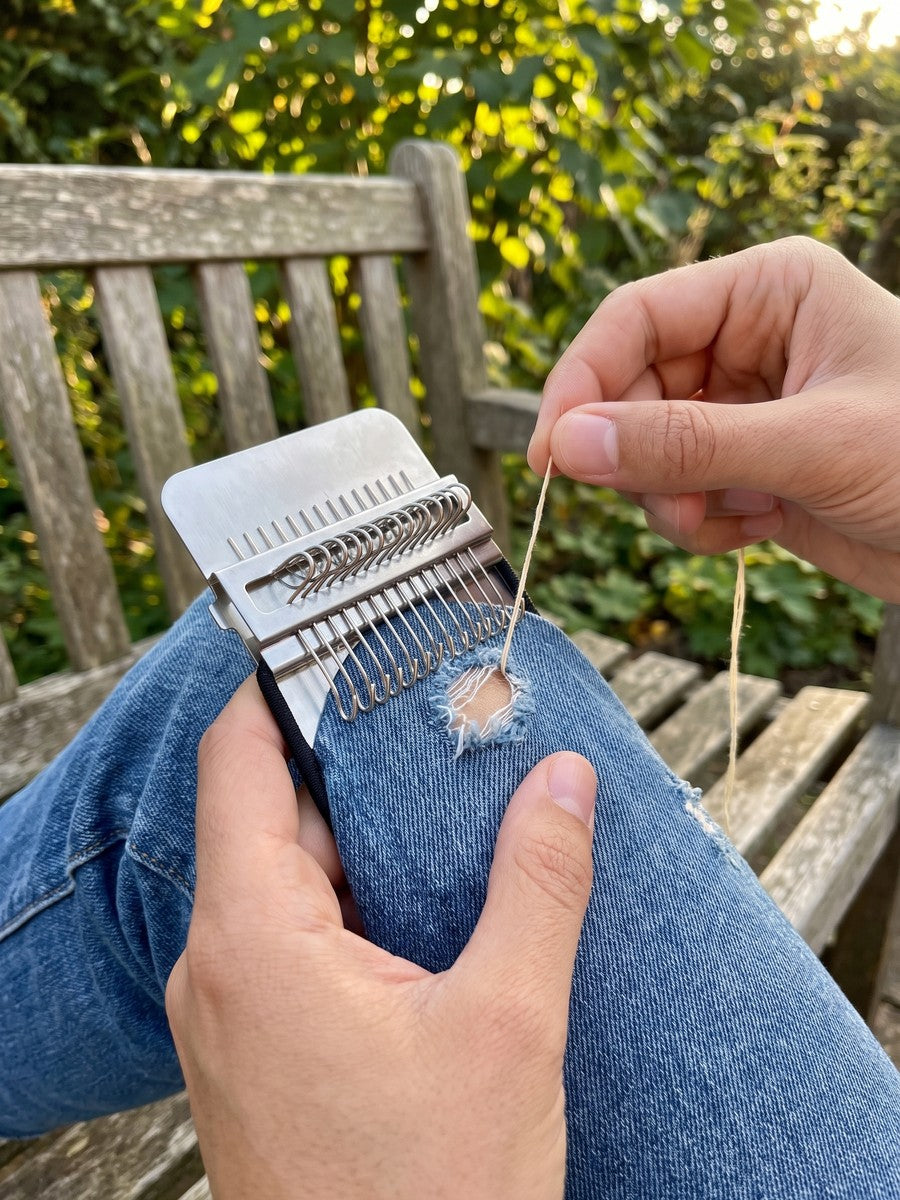The LAGA loom clipped over a hole in the knee of jeans