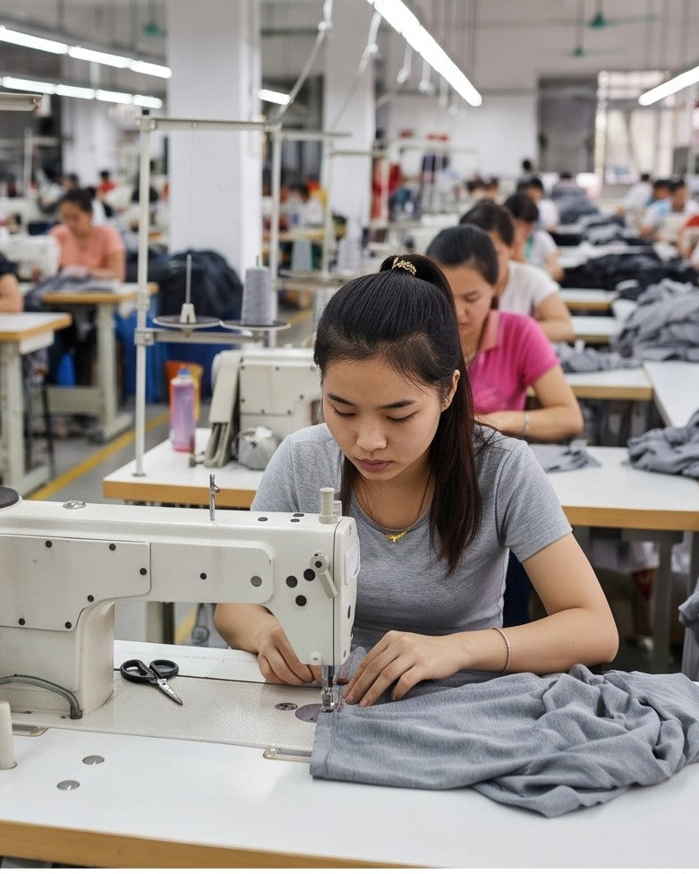A worker at a sewing machine in a garment factory