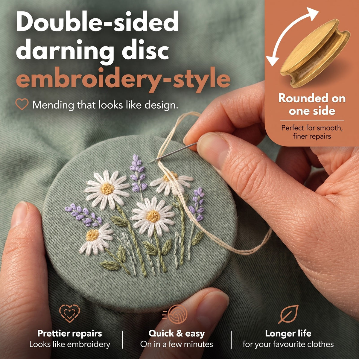 Double-sided darning disc for embroidery-style repairs