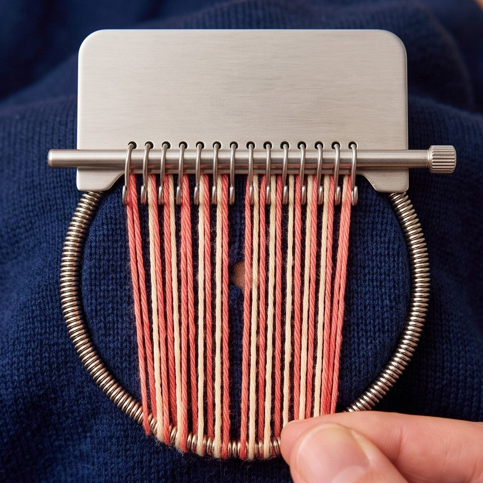 Step 2: warp threads stretched up around the hooks
