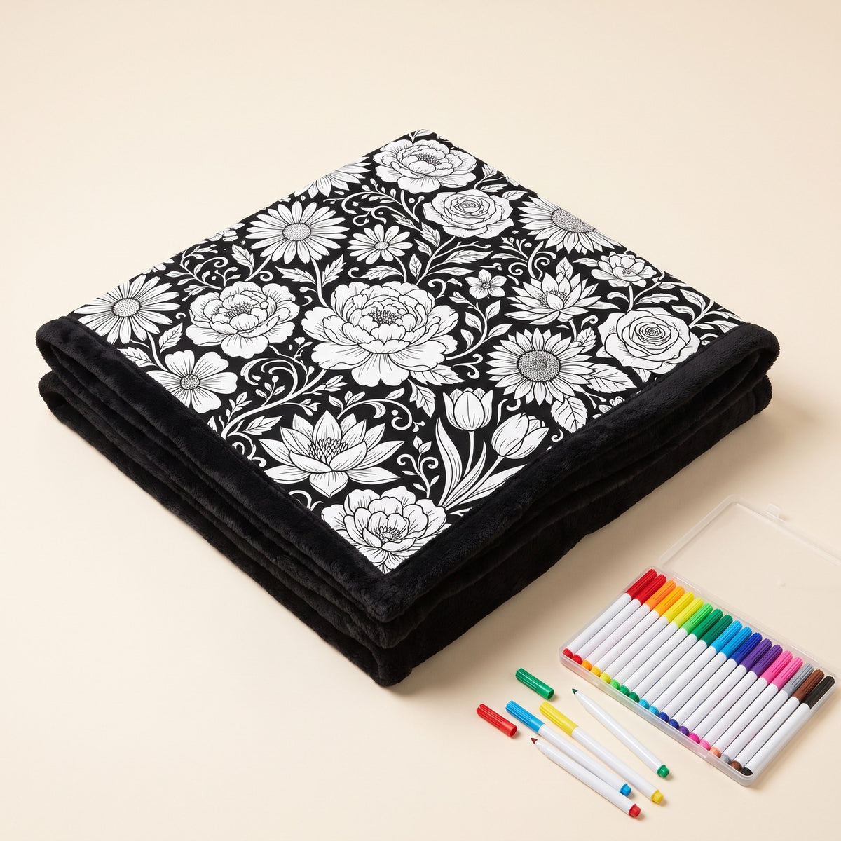 KRITA colouring blanket in Flowers, folded, with washable markers