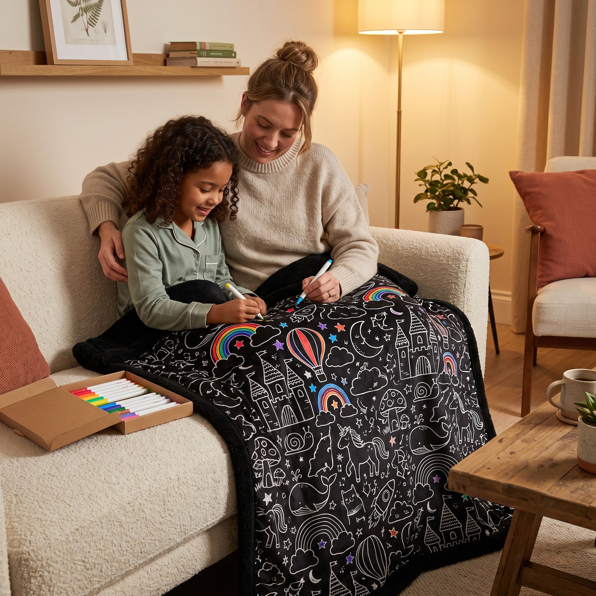 Mum and daughter colouring the Wonder World blanket on the sofa