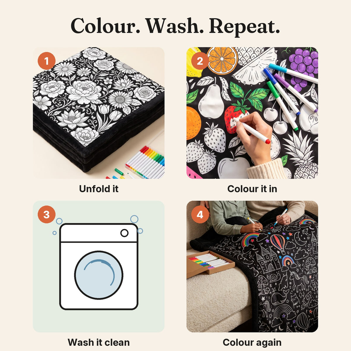 How it works: unfold, colour, wash, colour again