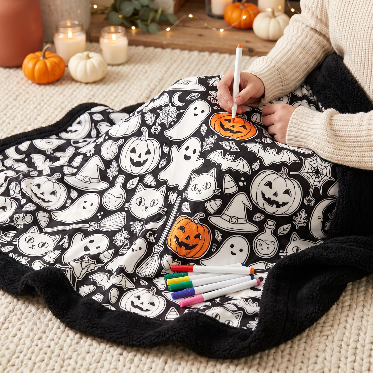 Colouring a pumpkin on the Halloween blanket
