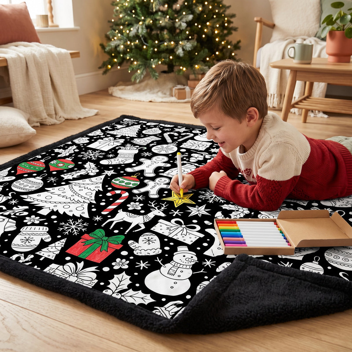 A boy colouring the Christmas blanket by the tree