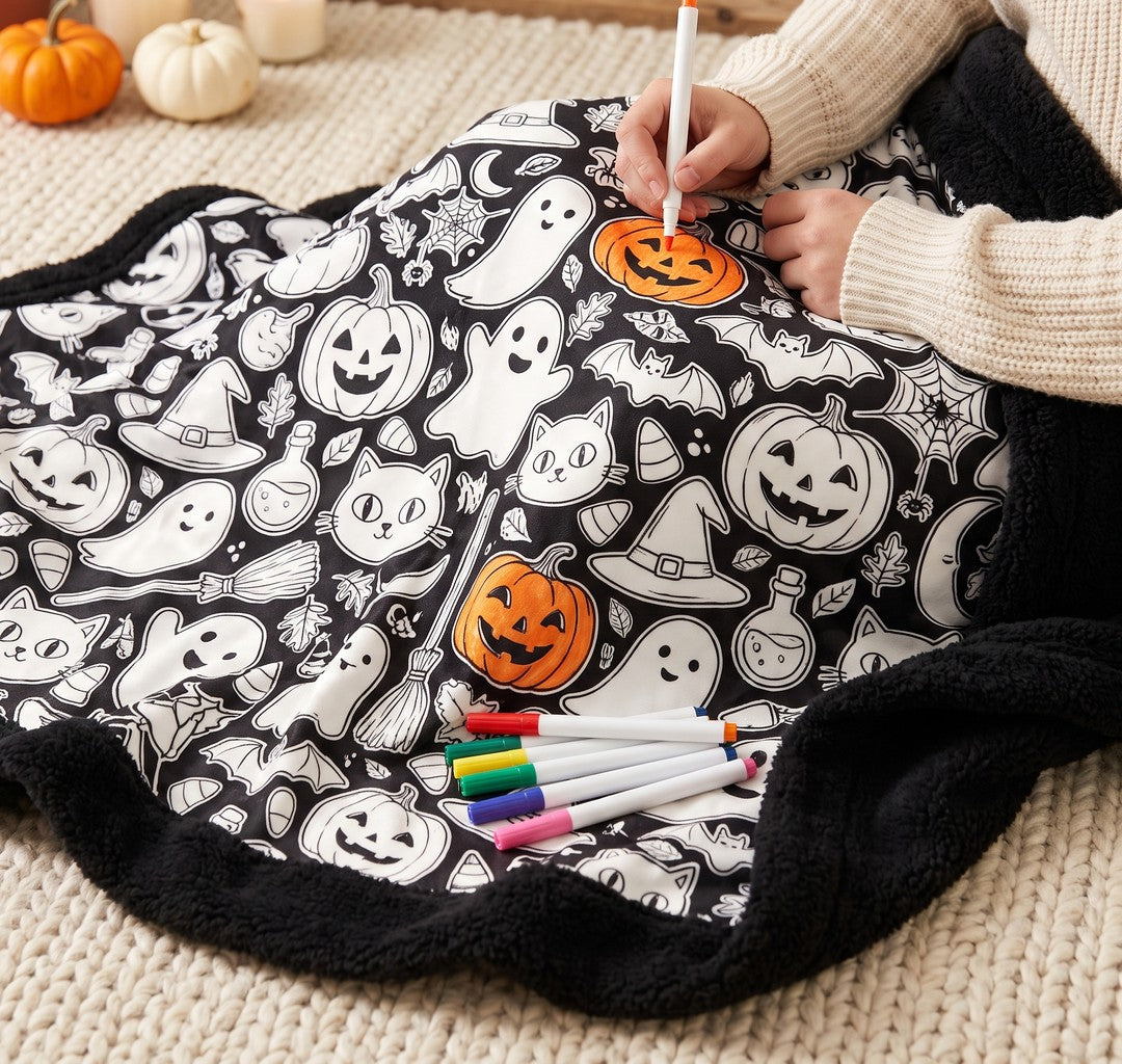 The KRITA blanket over a lap on a cosy autumn evening