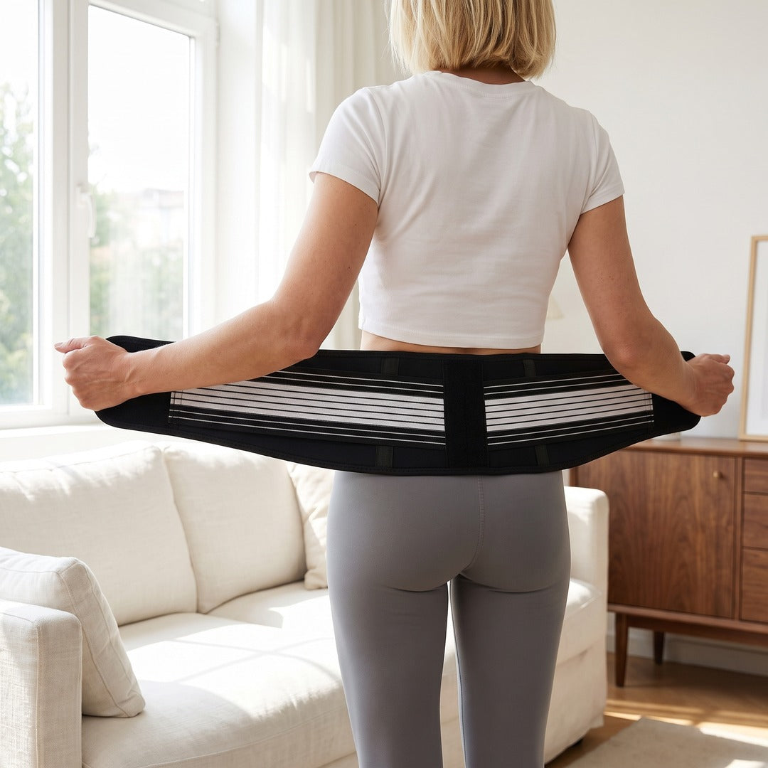 A woman in leggings holding the LENDA belt open before putting it on