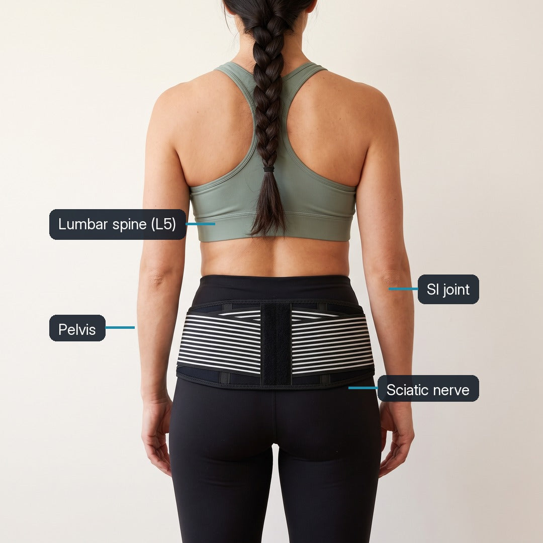 Where LENDA sits: low on the hips over the base of the spine, with the areas it supports